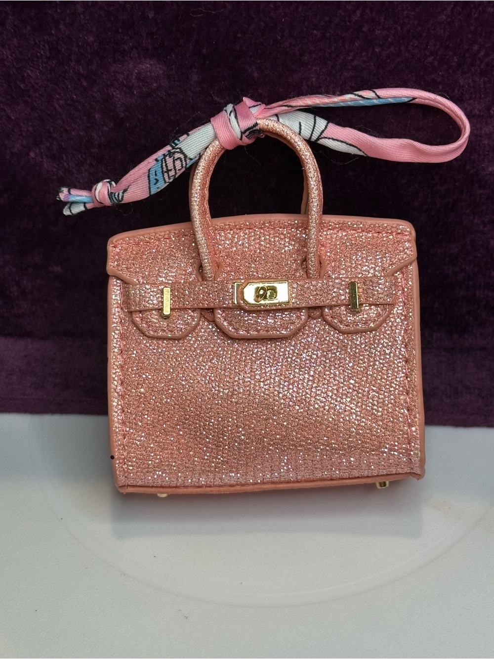 Mini Pink Glitter Sparkle Structured Bag Charm Gold Hardware w/ Twilly Scarf